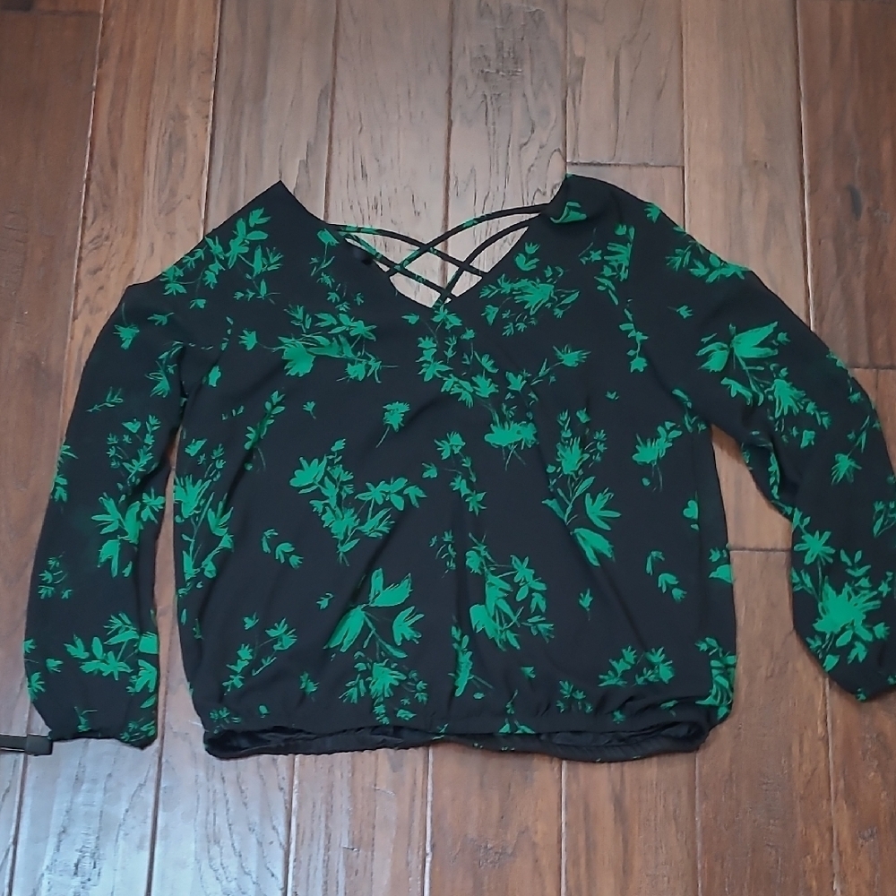 Torrid Black with Green Floral Blouse, Sheer Sleeves & Crisscross Back - Large